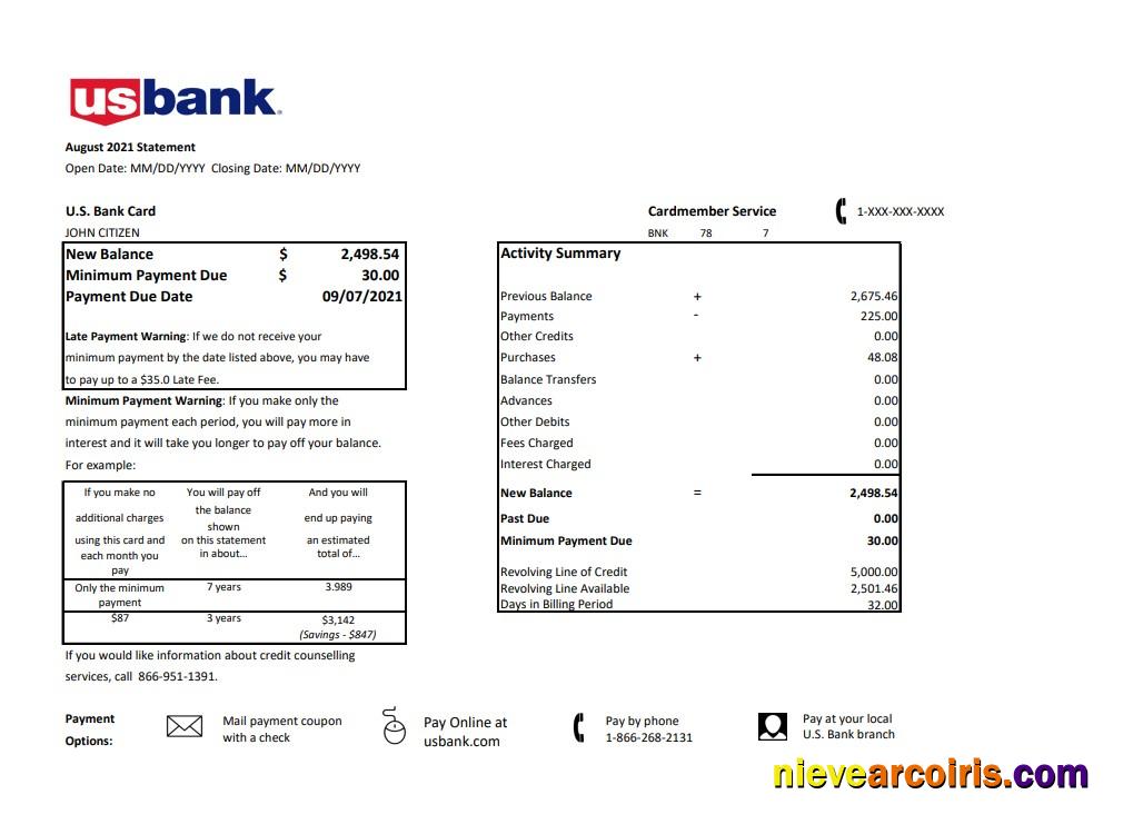 USA U.S. bank credit card statement in .xls and .pdf file format